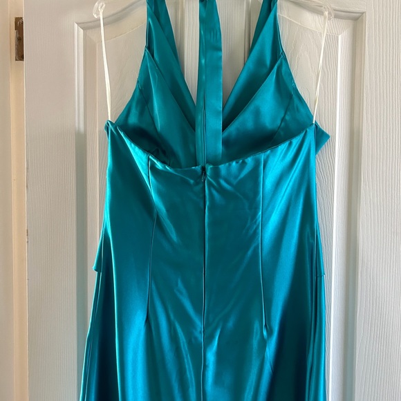 Teal Satin Halter Dress - Picture 2 of 7